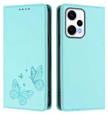Obrázek produktu pro Kožené pouzdro pro Xiaomi Poco F5/Redmi Note 12 Turbo 5G, motýlí ražbou, peněženkové flip pouzdro se stojánkem Mátově zelená