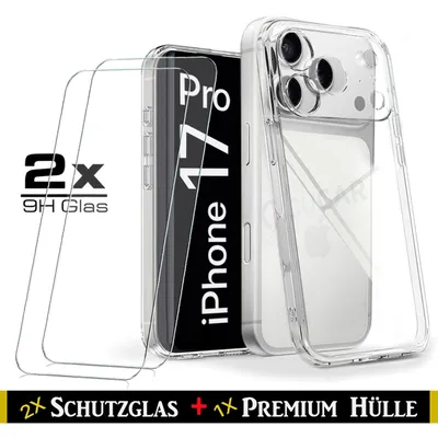 Produktbild von Für iPhone 17 Pro ( 6.3" ) Transparent Silikon Handy Schutz Hülle + 2 Stück Panzerglas 9H , HD Schutzglas