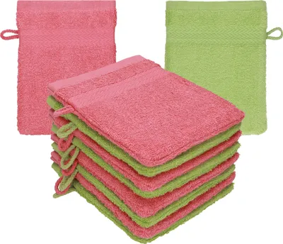 Produktbild von Betz 10 Stück Waschhandschuhe 16x21 cm PREMIUM 100% Baumwolle Farbe: himbeere - avocadogrün