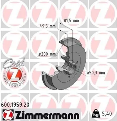 Produktbild von ZIMMERMANN 600.1959.20 - Bremstrommel für Cordoba (6K), Ibiza (6K), Toledo I (1L2), Caddy II (9K), Golf III (1H), Golf Cabriolet (1E), Polo (6N), Polo (6V), Vento (1H)