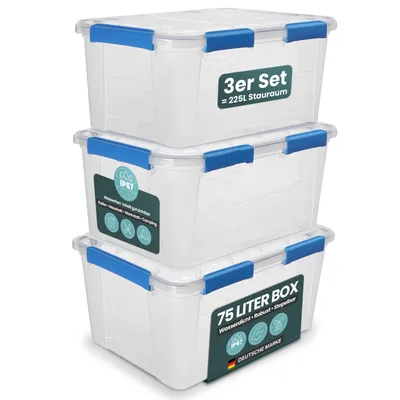 Produktbild von Kreher® Aufbewahrungsbox 75 L mit Deckel - wasserdicht & staubdicht, transparent & stapelbar, BPA- & schadstofffrei, robuste Kunststoffbox (3 Stück)