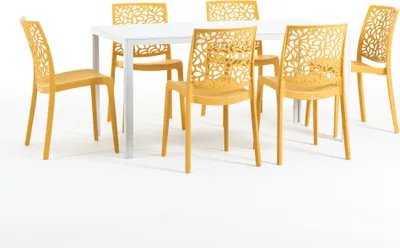 Image de Set de salle à manger d'extérieur avec table rectangulaire 156x78 cm et 6 chaises empilables en résine renforcée de fibres de verre - design moderne imitation bois, idéal pour le jardin, la terrasse et les espaces extérieurs couverts - THOMAS+ANNA - jaune moutarde/blanc