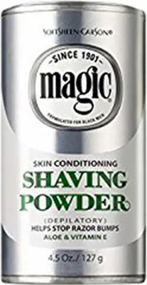 A silver can of Magic Shaving Powder.