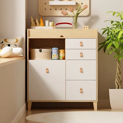 Produktbild von Wickeltisch, Wickelkommode mit 5 Schubladen und Schutzgeländer, Wickelregal mit offenem Stauraum, 85cm*46cm*98cm, MDF, weiß+Holzfarbe