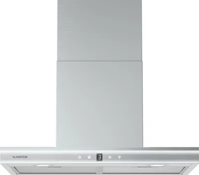 A front view of a stainless steel range hood against a white background.