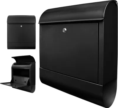 Three views of a black mailbox are shown against a white background. The main view is a large, angled shot of the mailbox. Two smaller inset views show the mailbox from the front and with its door open.