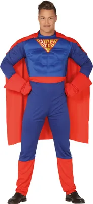 Immagine prodotto di Costume di Carnevale Supereroe Muscolo Tuta Figura Avventura Capo Potente Eroe Collant Rosso Blu, Taglia: 52 - 54 (L) Colore: Blu