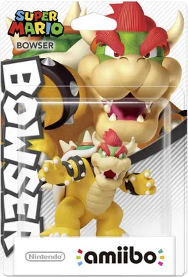 A Bowser amiibo figure in its retail packaging.