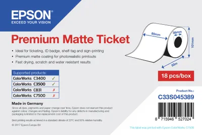 Zdjęcie produktu dla Epson Premium Matte Ticket - Roll: 80mm x 50m, Matowy, 107 g/m², 1 szt., 107 mm, 108 mm, 89 mm