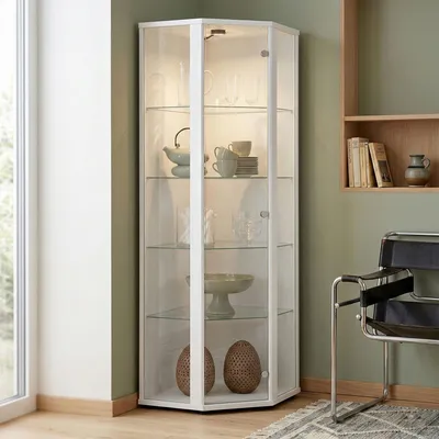 Produktbild von K-Mšbel Eckvitrine in Weiss (176x56,5x56,5 cm) mit 4 Glasbšden & LED - Modellauto Vitrine Wei§ - Vitrinenschrank hell - Sammlervitrine - Wohnzimmerschrank Glasvitrine Regal Wand Glas Schrank Glasturm