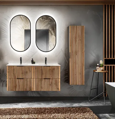 Produktbild von Design Badmöbel Set XILO 120 cm mit Doppelwaschbecken LED Soft-Close Waschtisch Spiegel Hochschrank