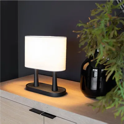 Produktbild von Atmooz Bakati – Tischleuchte – E14 – Schwarz mit weißem Leinenschirm – 30 cm – Wohnzimmer – Schlafzimmer – Esszimmer