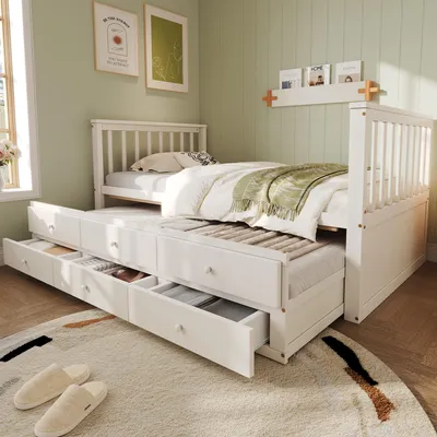 Immagine prodotto di Letto in legno Flieks 90x200cm con letto estraibile, letto per ragazzi con 3 cassetti, letto classico con rete a doghe, letto contenitore letto per bambini letto da giorno letto per ospiti, bianco