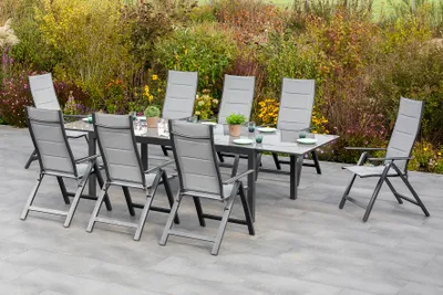 Produktbild von Merxx Gartenmöbelset "Florenz" 9tlg. mit Semi Ausziehtisch 200/300 x 110 cm - Aluminiumgestell Graphit mit Textilbespannung Grau