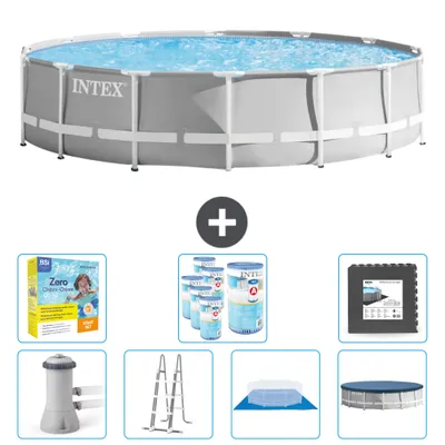 Produktbild von Intex Round Prism Frame Swimming Pool – 427 x 107 cm – Grau – inklusive Pumpe – Leiter – Bodenplane – Abdeckung Wartungspaket - Filter - Bodenfliesen