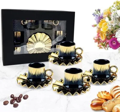 Produktbild von Türkische Kaffeetassen-Set, 6 Stück mit Untertassen – Porzellan, 90 ml, Schwarz und Gold