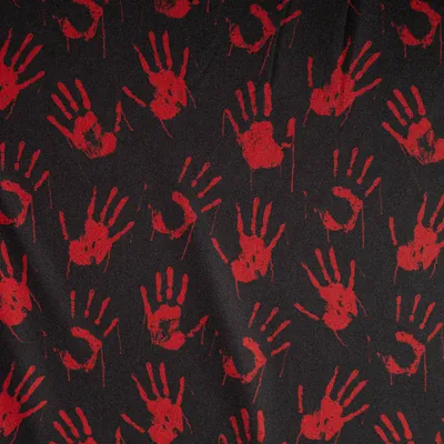 Produktbild von Jersey Meterware Foliendruck Halloween blutige Hände glänzend schwarz rot 145cm
