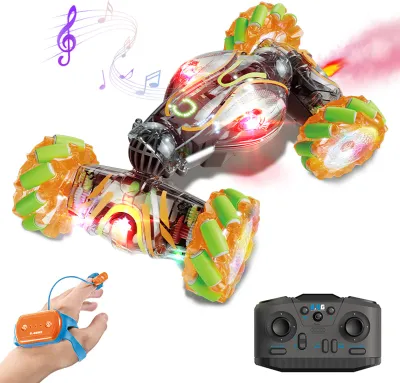 Produktbild von Ferngesteuertes Auto, 2.4GHz 4WD Gesture Sensing Stunt Car mit Spray, Lichtern und Musik, 360° Rotation Handgesteuertes Off Road Fahrzeug für Kinder Jungen