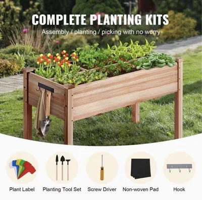 Image de Pot de fleurs en bois haut de gamme avec pieds, 47,2 x 22,8 x 30 pouces, pour balcon et terrasse, en Burlywood