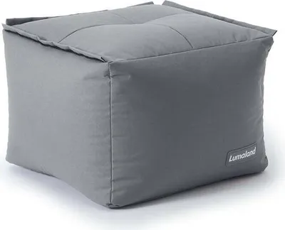 A gray cube-shaped ottoman with a tufted top sits on a white background.