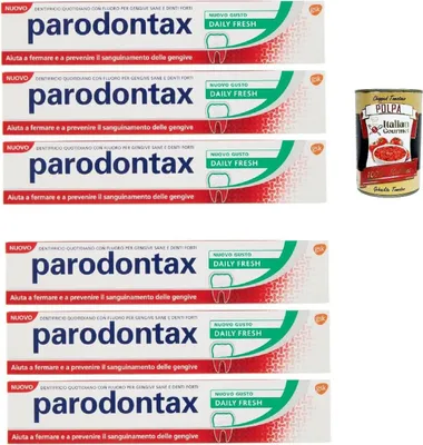 Produktbild von Dentifricio Daily Fresh, Zahnpasta für gesundes Zahnfleisch und starke Zähne, 6x 75ml + Italian Gourmet polpa 400g