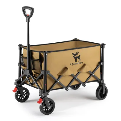 A khaki camping wagon with a black frame and handle is shown against a white background.