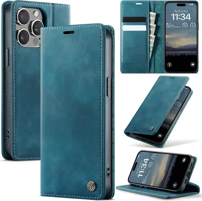 Image de Étui en cuir pour iPhone 14 Pro, protection RFID, fermeture magnétique, fentes pour cartes et fonction stand Bleu