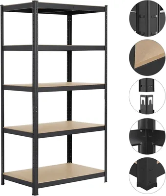 Produktbild von Yaheetech Schwerlastregal, 180x90x60 cm, Schwarz, aus Stahl mit 5 MDF-Böden, je 175 kg Tragkraft (gesamt 875 kg), höhenverstellbar, schraubenlose Montage, rutschfest, inklusive Handschuhe