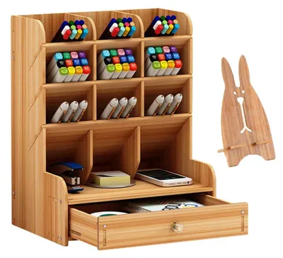 Produktbild von Mnkyer multifunktionaler Schreibtisch-Organizer aus Holz für Bürobedarf und Stifte, Aufbewahrungsbox mit Schublade für Zuhause, Büro und Schule (Kirschholz)