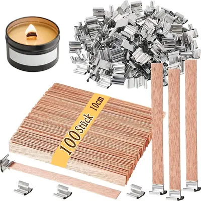 Produktbild von 100 PCS Kerzendochte mit 100 PCS Eisenständer, Kerzen Machen Holzdocht für DIY Kerzenherstellung Handwerk, Rauchfreie Natürliche Umweltfreundliche Holzdochte für die Kerzenherstellung