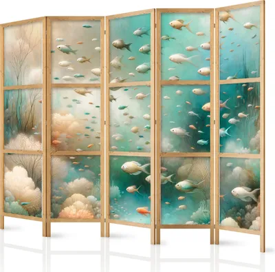 Produktbild von 5-teiliger Einseitiger Vlies Japanischer Paravent - Spectacular Underwater Landscape - Fish in the Underwater World in Colors of Turquoise Blue Beige and Delicate Orange 225x172 cm Tiere g-H-10116-bh-b