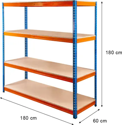 Zdjęcie produktu dla Regał magazynowy metalowy warsztatowy Mega-M Pro Max 180x180x60 cm 4 półki niebieski/pomarańczowy 2 kartony 2000kg