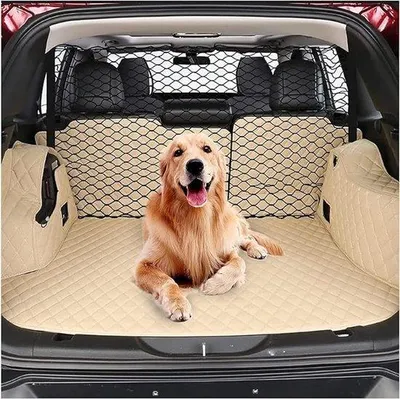 Produktbild von Famanu Hundeheck Auto für den Kofferraum - Sicherheitsnetz für Hunde - Universelles Schutzgitter mit 4 Haken