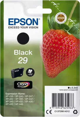 Produktbild von Epson Strawberry Singlepack Black 29 Claria Home Ink, Standardertrag, Tinte auf Pigmentbasis, 5,3 ml, 175 Seiten, 1 Stück(e)