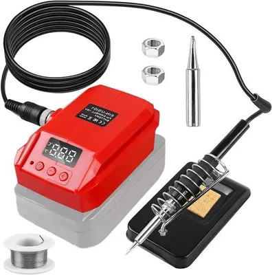 Zdjęcie produktu dla Bezprzewodowa lutownica elektryczna 18 V, akumulator litowo-jonowy, 60 W, wyświetlacz LCD, regulacja temperatury w zakresie 180–480°C, w zestawie 50 g drutu lutowniczego