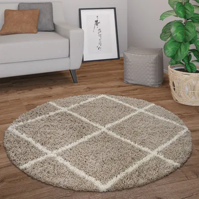 Image de Tapis à poils longs rond pour salon, moderne, shaggy, poils longs, motif losanges scandinave, taille 120 cm, rond