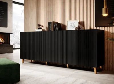 Produktbild von Komoda PAFOS 200 cm BLACK MATT zlaté nohy s frézovanými čelami MDF 4 dvierka príborník vysoká skriňa otvorené police bufet