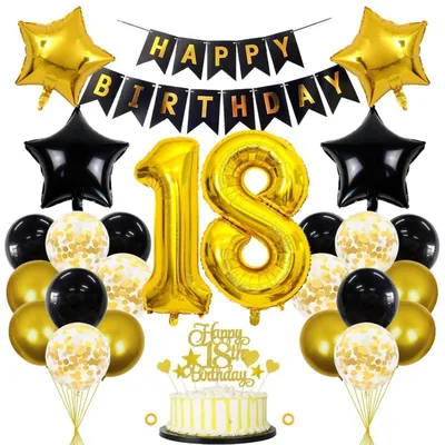 Zdjęcie produktu dla Zestaw dekoracji urodzinowych "18 lat", czarno-złoty, 32 elementy: balony, baner, dekoracje do tortu