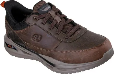 A single brown Skechers shoe is shown against a white background.