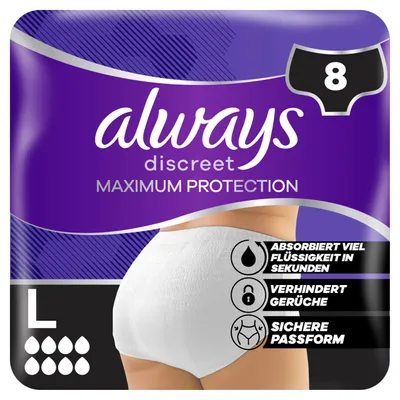 Obrázok produktu pre Always Discreet Maxi ochranné nohavičky, veľkosť L, 8 kvapiek s technológiou neutralizácie zápachu, 8 ks