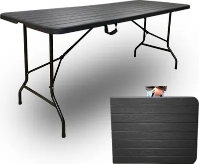 A folding table and a folded table top are shown against a white and gray background.