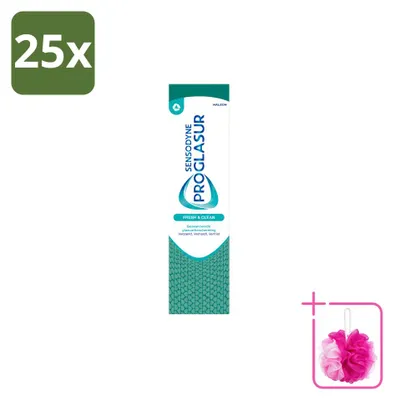 Imagen del producto de 25 tubos de pasta dental Sensodyne Proglasur Fresh & Clean, 75 ml cada uno, pack económico, 25 unidades
