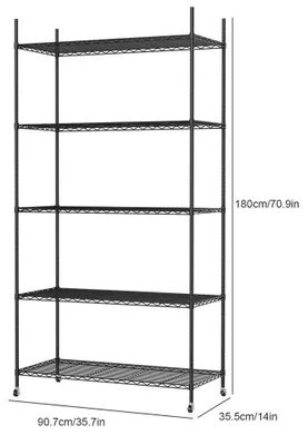 Immagine prodotto di Scaffale metallico a 5 ripiani - Regolabile - Con ruote - 90,7 x 35,5 x 180 cm - 20 kg per ripiano