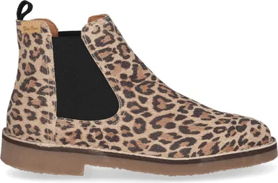 A single leopard print ankle boot is shown against a white background.