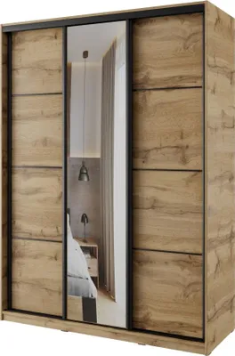 Obrázek produktu pro Šatní skříň NEJBY BARNABA 150 cm s posuvnými dveřmi, zrcadlem,4 šuplíky a 2 šatními tyčemi,dub wotan