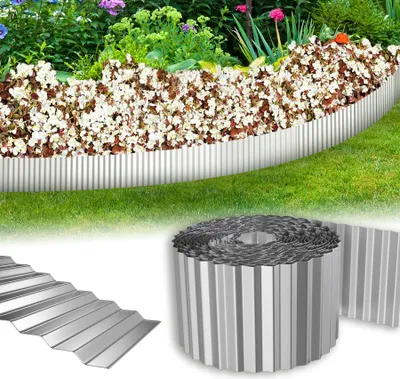 Image de ACXIN Bordure de pelouse en acier corten, bordure métallique galvanisée facile à installer, 18cm de haut, flexible Bordure de pelouse, barrière anti-racines, bordure de fleurs ou bordure de tonte Longueur adaptable (10M, argent)