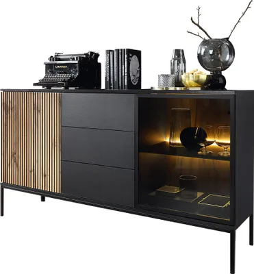 A black sideboard with wooden accents and LED lighting, displayed against a white background.