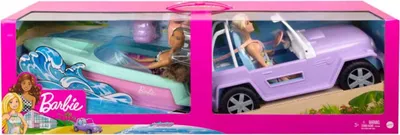 Produktbild von Mattel GXD66 Barbie Geschenkset mit 2 Puppen / Boot / Jeep Spielset Spielzeug