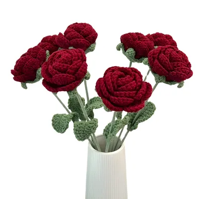 Produktbild von Stoff Rosen, gestrickte Rosen, Kunstblumen Rosenstrauß, Kunstrosen rot