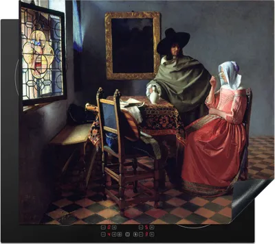 Produktbild von KitchenYeah© Herdabdeckplatte Das Glas Wein - Johannes Vermeer , 60x52cm, Küche Deko, Glaskeramikkochfeld Herdabdeckung, Abdeckplatte fùr Kochfeld